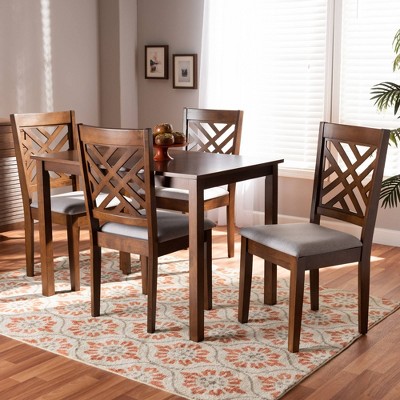 Walnut Brown Wood Dining Set with Gray Upholstered Chairs