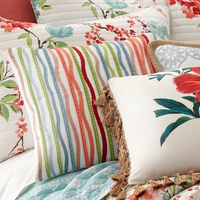 Multicolor Striped Pom Pom Embroidered Nursery Throw Pillow