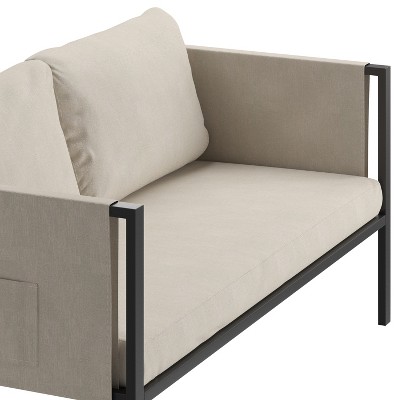 Sophisticated Steel Frame Outdoor Loveseat with Light Gray Cushions and Storage