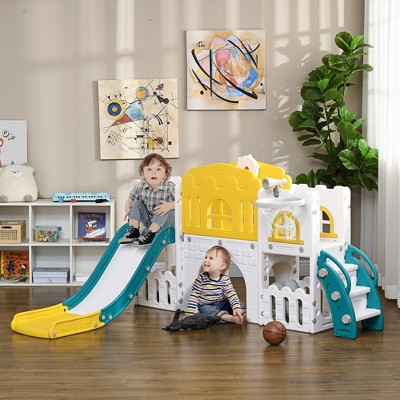 70.10"Qaba 8 in 1 Toddler Slide for Kids Age 1-3 Years, Indoor Kids Slide Playset with Basketball Hoop, Climber, Telescope, Tunnel, Yellow