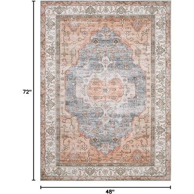 Traditional Vintage Boho Floral Area Rug - 4x6 Washable,Non-Shedding Low Pile Indoor Carpet with Non-Slip Rubber Backing  Pink