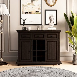 Farmhouse Buffet Storage Cabinet With 3 Drawers 2 Cabinets 12 Wine Rack Cabinets Retro Cupboard - 1 of 4