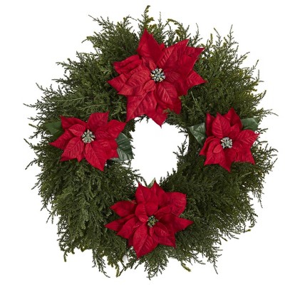Nearly Natural 24” Cedar and Poinsettia Artificial Wreath