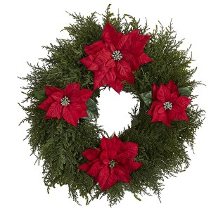 Nearly Natural 24” Cedar and Poinsettia Artificial Wreath - 1 of 3