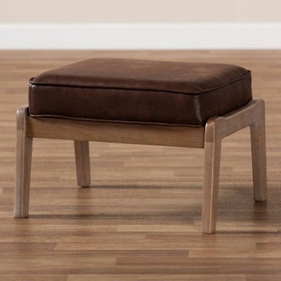 Antique Oak and Dark Brown Faux Leather Mid-Century Ottoman