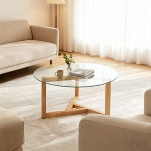 Homy Casa Round Glass Coffee Table with Solid Wood Geometric Base for Living Room or Lounge, Natural - 1 of 4