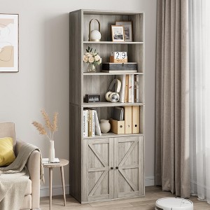 Bookcase with Doors Farmhouse Bookshelf 11.8in Depth Wooden Display Storage Shelves 71.4in Tall Bookcases - 1 of 4