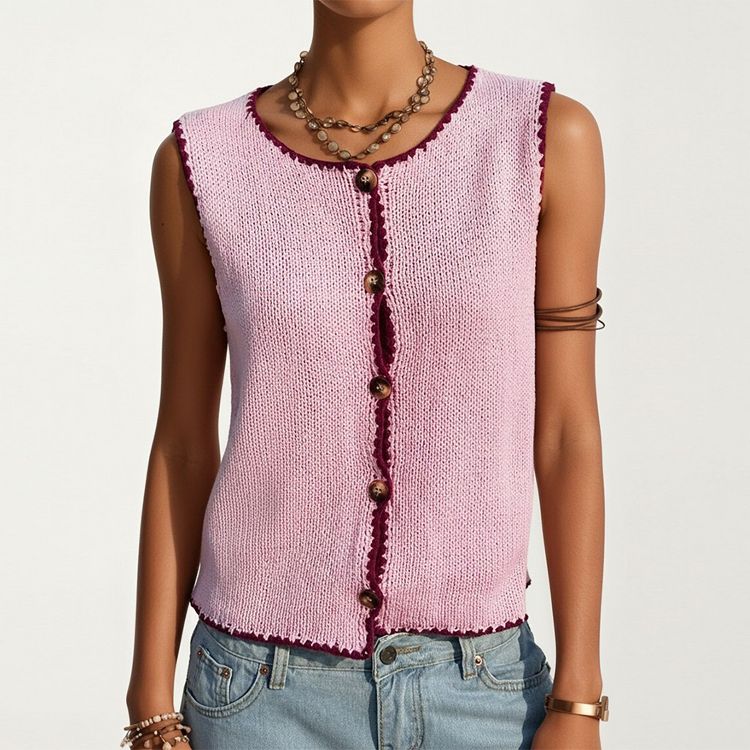 Anna-Kaci Sleeveless Knit Button Front Top with Contrast Trim Detail, 5 of 7