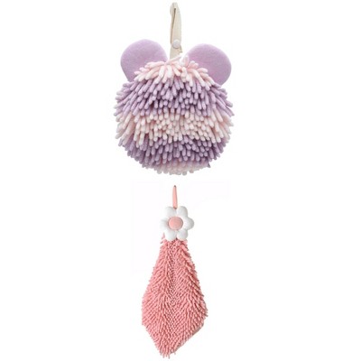 REGALWOVEN Soft Absorbent Cute Fuzzy Hanging Decorative Bathroom Chenille Hand Towel 6" x 15"/7" x 7" 2 Packs