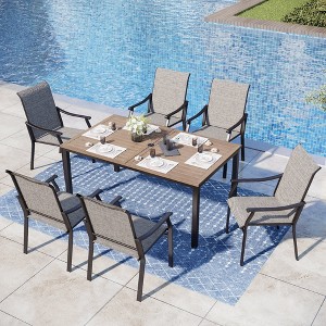 Captiva Designs 7pc Outdoor Patio Black Steel Dining Table & Brown Textilene Arm Chairs - 1 of 4