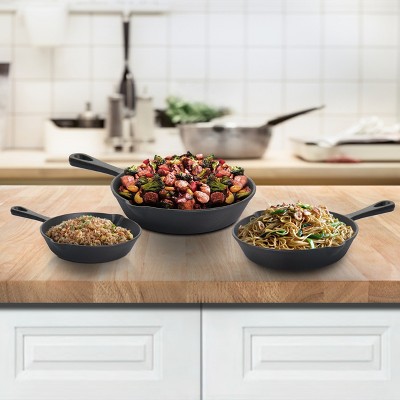 MegaChef Pre-Seasoned Black Cast Iron Skillet Set, 3 Piece