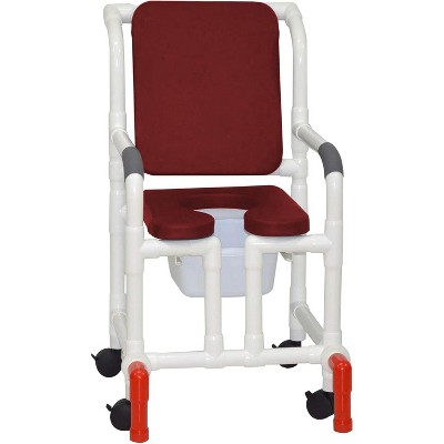 MJM International Corporation Shower chair 18 in width 3 in Brown seat Brown cushion padded back true vertical open 10 qt slide mode pail 300 lb wt