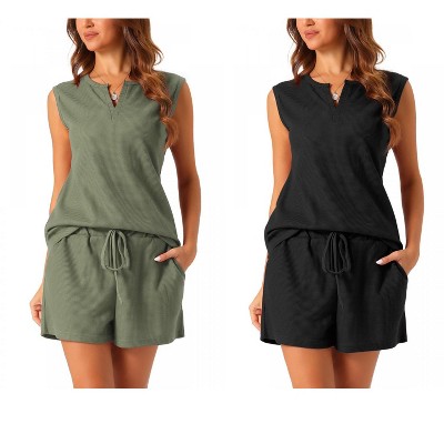 cheibear Women's Waffle Knit Sleeveless Matching Tank Top and Shorts Pajama Sets 2 Pcs