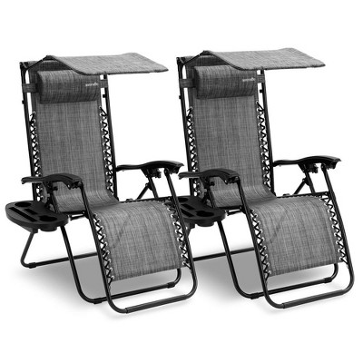 SereneLife Zero Gravity Lounge Chair, Adjustable Steel Mesh Recliners, with Canopy, Removable Pillows and Cup Holder Side Tables, Set of 2, Gray