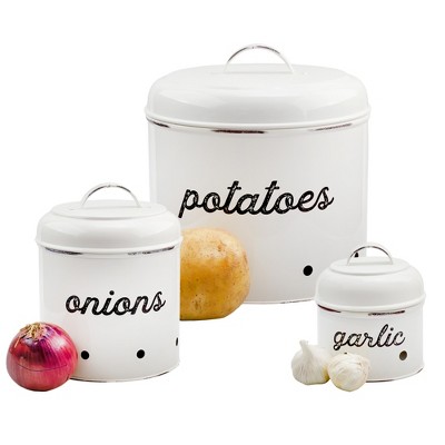 AuldHome Design White Potatoes, Onions and Garlic Canister Set; Farmhouse Enamelware Vegetable Storage