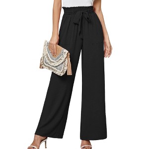 Women's High Waist Wide Leg Pants Elastic Waist Trousers with Side Pockets Casual Lounge Pants - 1 of 4