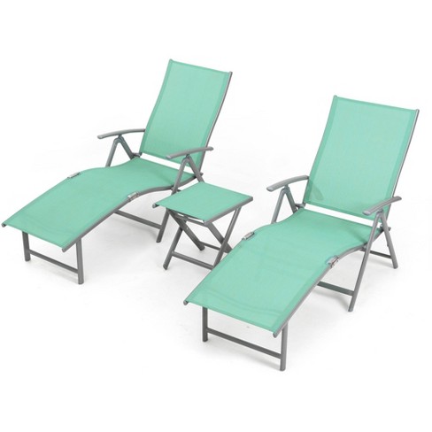 3pc Outdoor Aluminum Folding Adjustable Chaise Lounge Chair and Table Set Green Crestlive Products