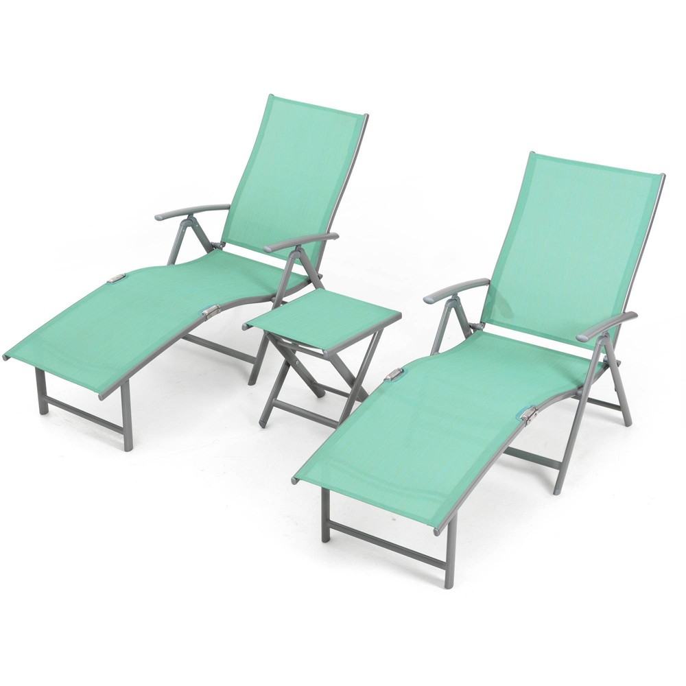 3pc Outdoor Aluminum Folding Adjustable Chaise Lounge Chair and Table Set Green - Crestlive Products