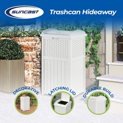 White Wicker Resin Outdoor Hideaway Trash Can Bin with Latching Lid, 33 Gallon, Set of 2