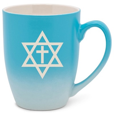 100 North Blue and White Two Toned Ombre, 10 Ounce, Comfortably Fits Your Hands, Ceramic Tea Coffee Cup Mug, Star of David