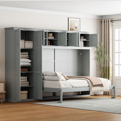 NicBex Queen Size Murphy Bed 117.5" Wooden Frame Murphy Bed Cabinet Queen Wall Bed with Spacious Cabinets for Living Room