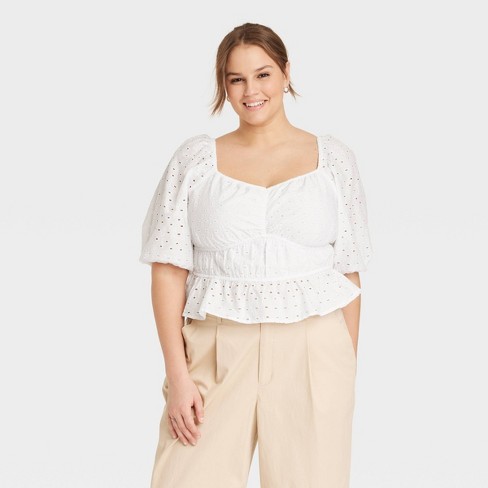 Women's Plus Size Puff Elbow Sleeve Eyelet Shirt - A New Day