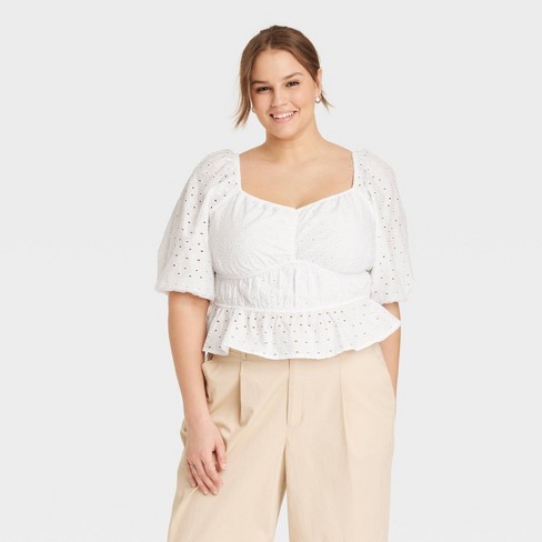 Women's Plus Size Puff Elbow Sleeve Eyelet Shirt - A New Day™ White 4x :  Target