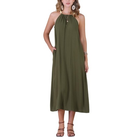 Женские платья INSPIRE CHIC Women's Halter Neck Belted Casual Summer Midi Dress Medium Army Green