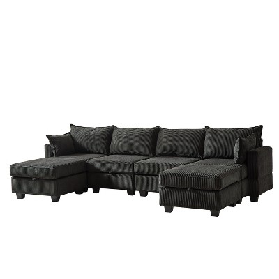 NicBex 113.5 Inch Modular Sectiona Sofa,U Shaped Convertible Corduroy Couch with Storage Ottoman for Living Room,Apartment,Office,Black