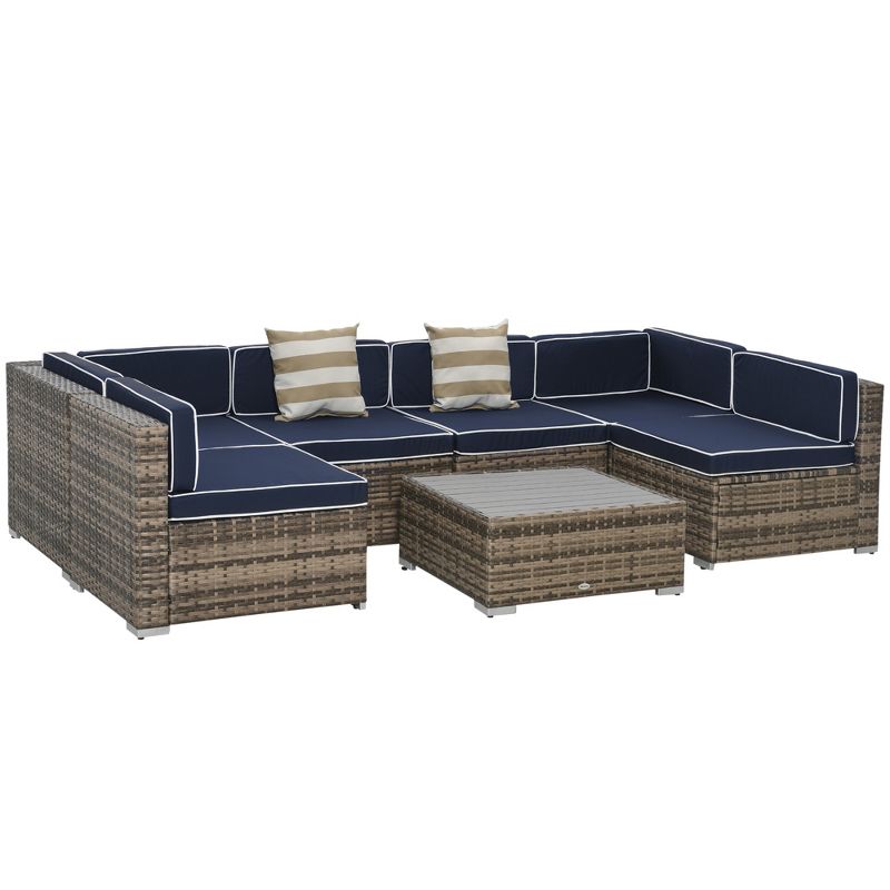 Outsunny 7-Piece Patio Furniture Sets Outdoor Wicker Conversation Sets All Weather PE Rattan Sectional sofa set with Cushions & Slat Plastic Wood Table, 1 of 10