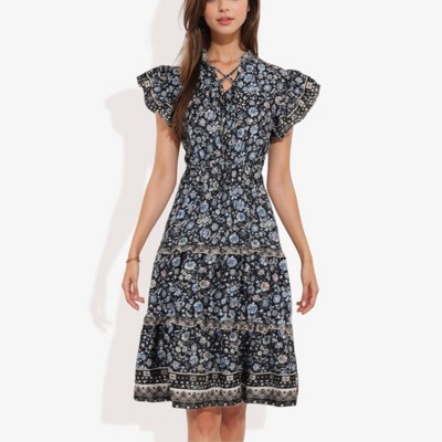 Anna-Kaci Women's Flutter Sleeve Floral Print Dress with Lace-Up Neckline and Tiered Skirt Dress