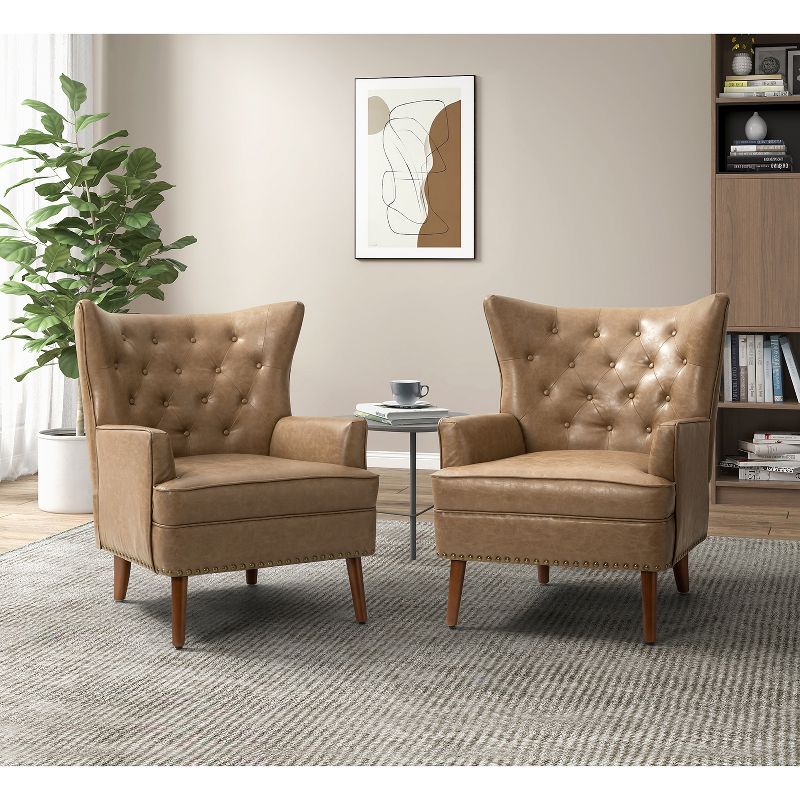 Set of 2 Thessaly  Tufted  Wooden Upholstery  Vegan Leather Armchair  with Nailhead Trim | ARTFUL LIVING DESIGN, 2 of 10