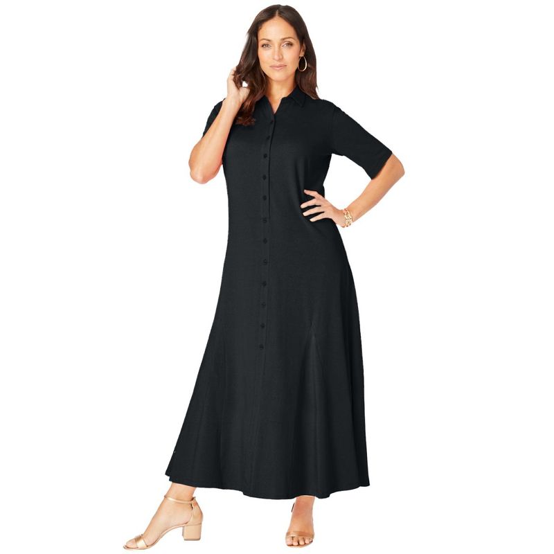 Jessica London Women's Plus Size Stretch Cotton Button Front Maxi Dress, 1 of 2