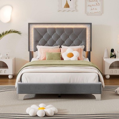 Streamdale Twin Velvet Upholstered Bed Frame with LED Lights and Tufted Headboard