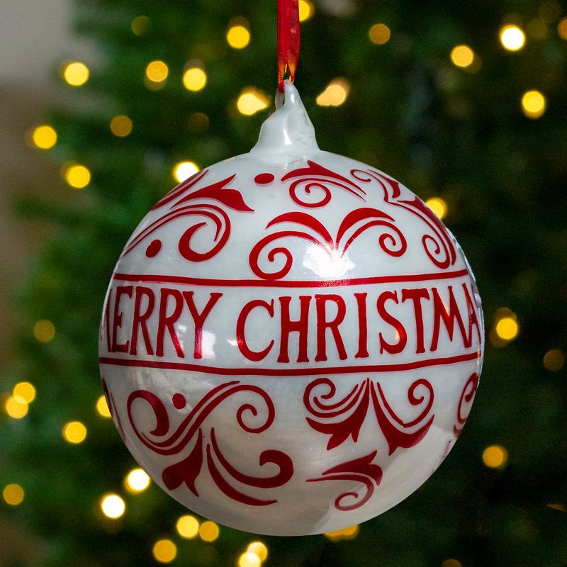 Northlight Shiny Red and White "MERRY CHRISTMAS" Glass Ball Ornament 4.5" (115mm), 2 of 4