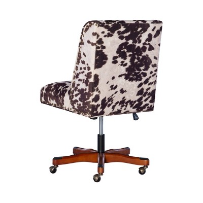 Ergonomic Swivel Office Chair in Brown/White Cow Print with Walnut Base