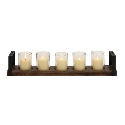 28" x 5" Farmhouse Iron/Wood Five Light Votive Candle Holder Brown - Olivia & May