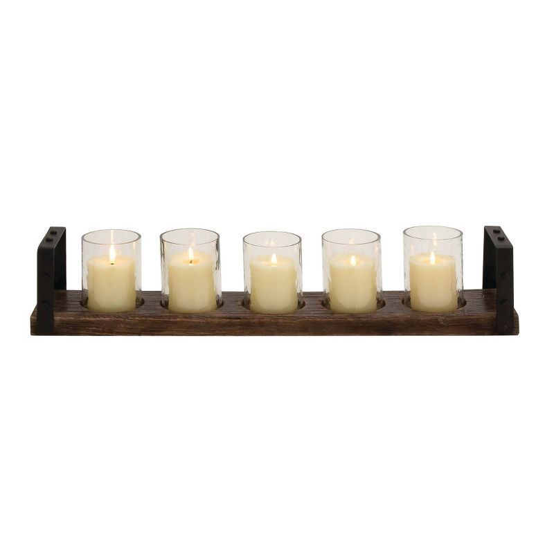 28&#34; x 5&#34; Farmhouse Iron/Wood Five Light Votive Candle Holder Brown - Olivia &#38; May, 1 of 7
