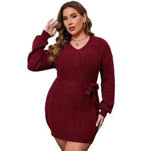 Coolmee Women's Oversize Bodycon Sweater Mini Dress Long Sleeve V Neck Knit Short Dresses with Belt - 1 of 1