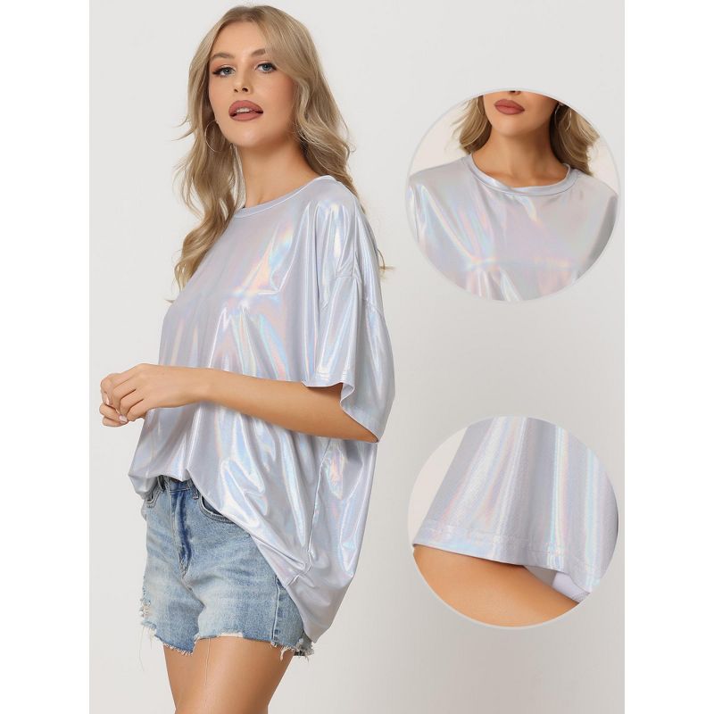 Allegra K Women's Sparkly Short Sleeve Holographic Party Metallic T-Shirt, 2 of 6