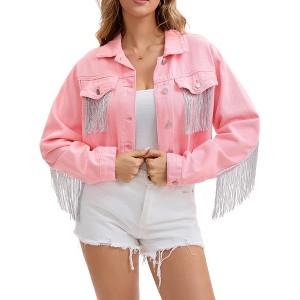 INSPIRE CHIC Women's Fringe Long Sleeve Frayed Hem Crop Denim Jacket - 1 of 4