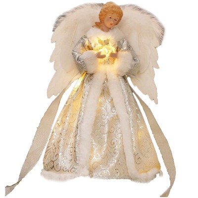 Aoibox Angel Christmas Tree Topper with Lights 8 Lighting Modes Timer Function Lifelike Feather Skirt 1 Piece Indoor Holiday Decor