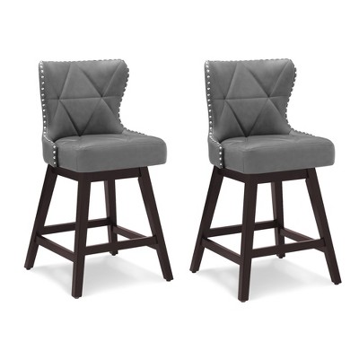 Arceso 26" Counter Height Swivel Bar Stools with Back, Faux Leather Upholstered Seat, Solid Wood Legs, Beige – Set for Kitchen Island or Home Bar