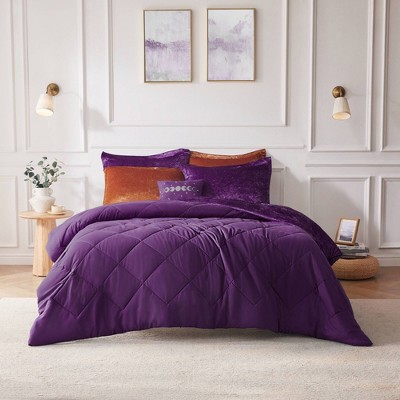 Luxurious Full/Queen Purple Velvet Quilted Comforter Set with Decorative Pillow
