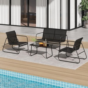 4 Piece Patio Conversation Set, Outdoor Conversation Set with Single Chairs and Glass Top Coffee Table, One Love Seat, 2 Single Chairs and One Table - 1 of 4