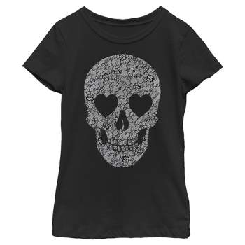 Girl's Lost Gods Lace Print Heart Skull T-Shirt