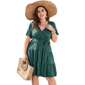 BLUEMING Plus Size Womens Dresses V Neck Floral Flutter Sleeve Midi Surplice Dress Waist Belted Floral Tie Waist Dress Bell Sleeve Dress Flowy Dress - 1 of 4