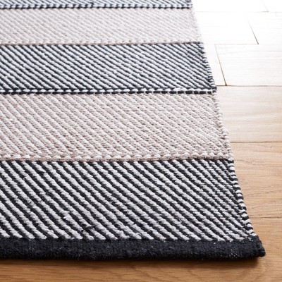 Ivory and Black Wool Cotton Striped 3' x 5' Handmade Rug