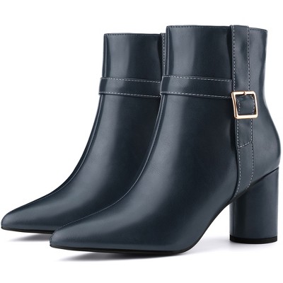 BLISSFUL STEP Women's Pointed Toe Block Chunky Heel Buckle Decor Ankle Boots