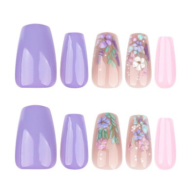 LOVELAY CREATIONS Purple Pink Coffin Press-On Nails with 3D Flowers
